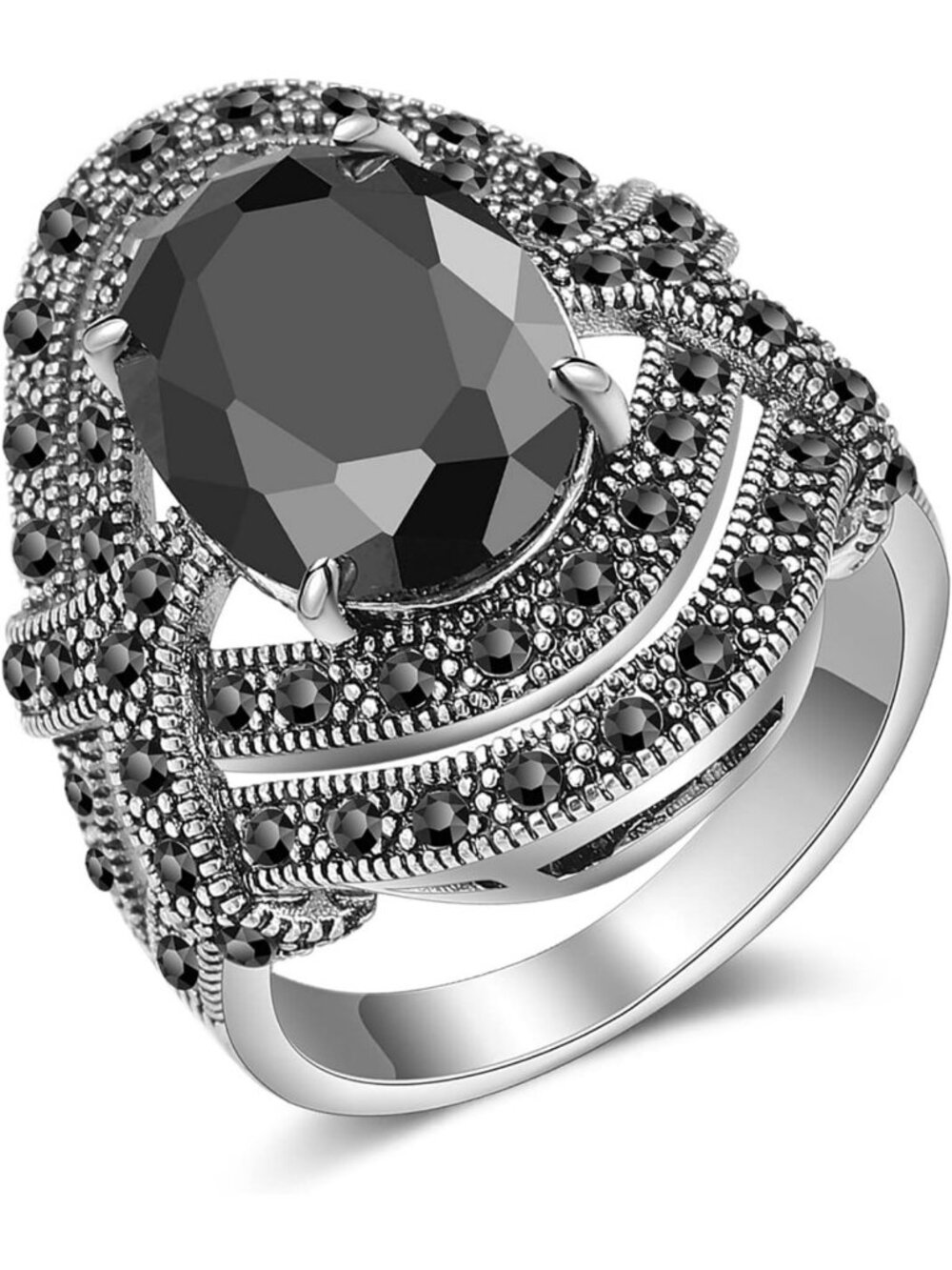 Vintage Black Onyx & Marcasite Cocktail Ring - Chunky Silver Statement Jewelry